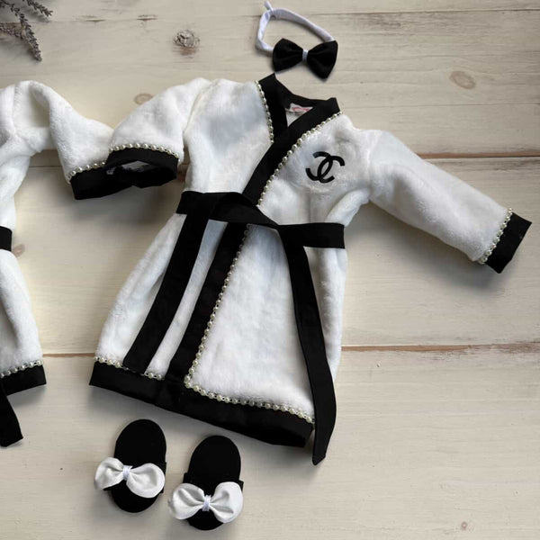 Solid Black CC Robe With Pearls, Matching Headband and Slippers
