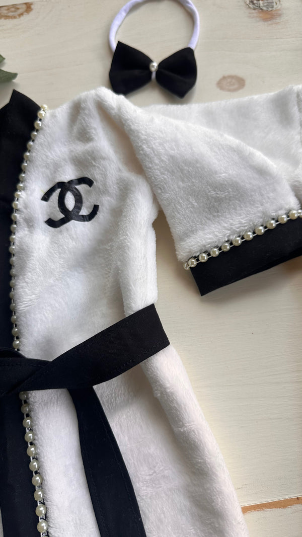 Solid Black CC Robe With Pearls, Matching Headband and Slippers