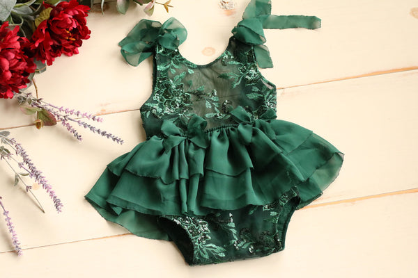 Winter Green Floral Sequin Shoulder Tie Romper