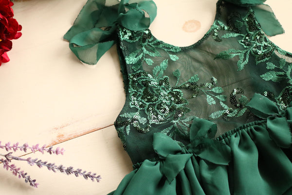 Winter Green Floral Sequin Shoulder Tie Romper