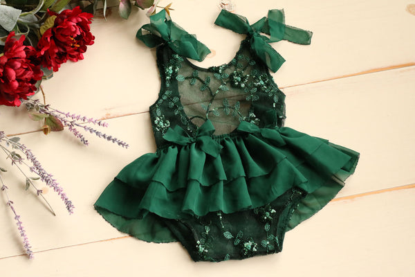 Winter Green Floral Sequin Tie Romper