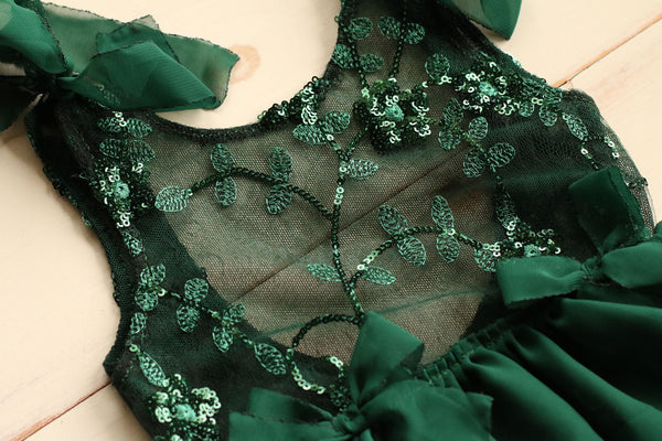 Winter Green Floral Sequin Tie Romper