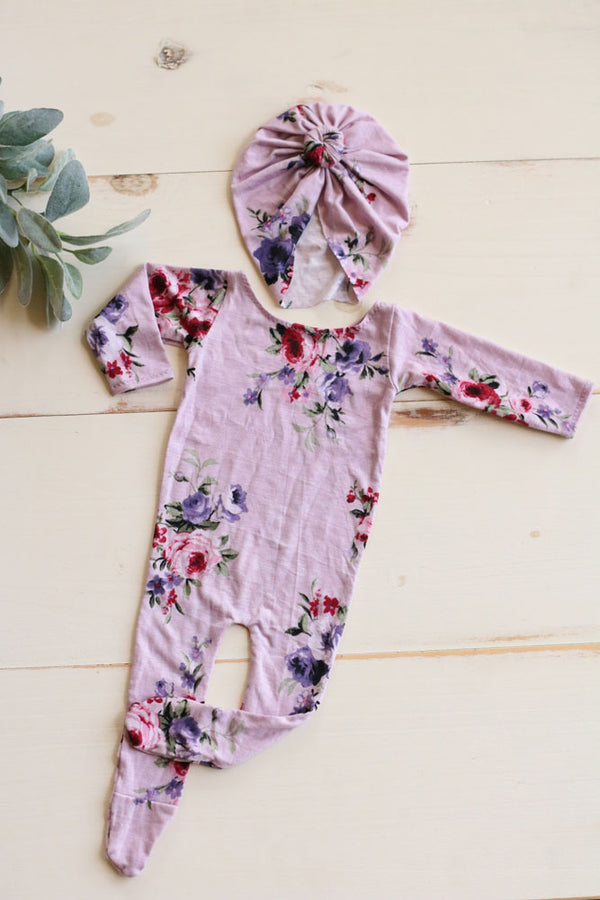 Newborn Lilac Floral Pajama with Matching Turban