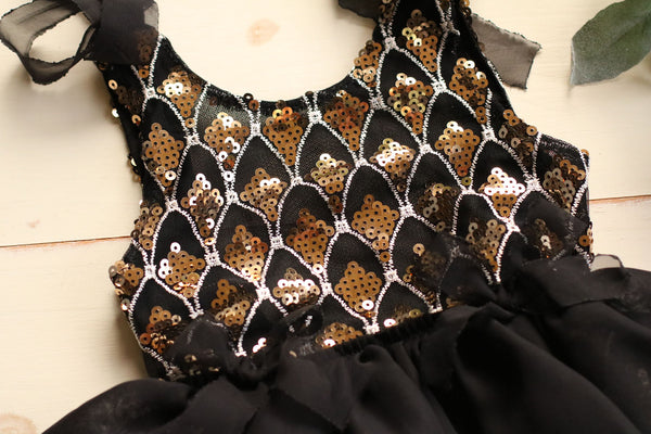 Black and Gold Scale Sequin Shoulder Tie Dress