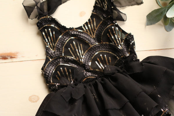 Black and Gold Sequin Shoulder Tie Dress