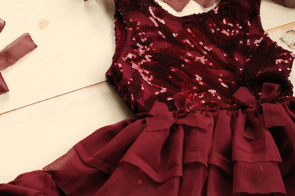 Maroon Velvet Sequin Shoulder Tie Dress