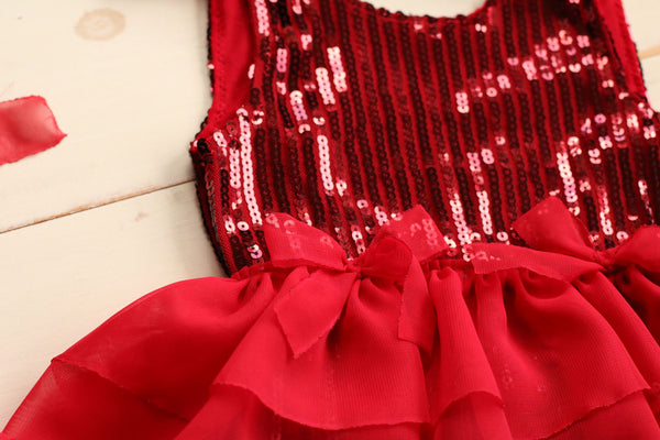 Red Sequin Stripe Shoulder Tie Dress