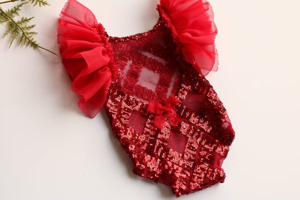 Red Flutter Sleeve Geo Romper