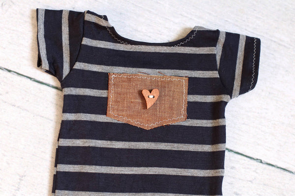 Boy Romper / Onesie Prop / Heart Button / Navy Blue and Grey Stripes - Willow Mint Props