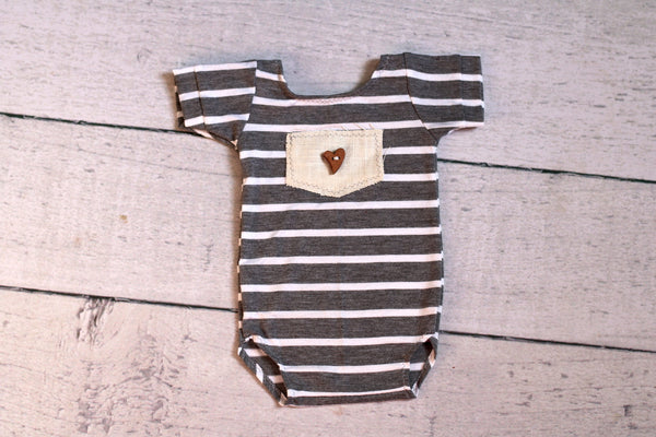 Boy Romper / Onesie Prop / Heart Button / White and Grey Stripes - Willow Mint Props