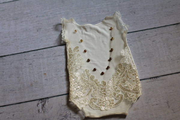 Sheer Lace Pearl Romper / V Back Onesie with Pearl Accents - Willow Mint Props