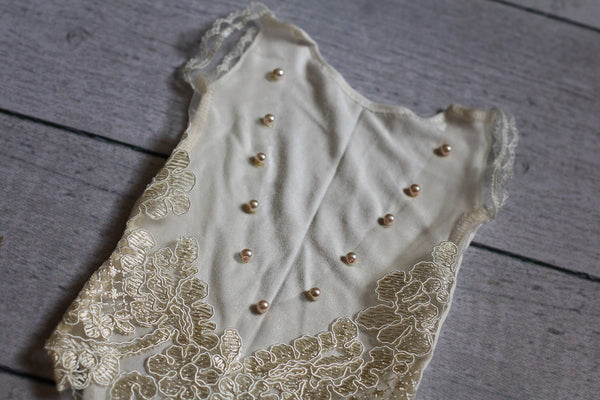 Sheer Lace Pearl Romper / V Back Onesie with Pearl Accents - Willow Mint Props