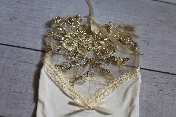Sheer Gold Lace Romper / V Back Onesie with Pearl Accents - Willow Mint Props