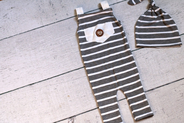 Knot Hat and Romper Set / Night Cap hat and Overall Set / Stripes - Willow Mint Props