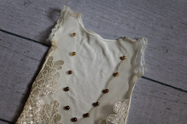 Sheer Lace Pearl Romper / V Back Onesie with Pearl Accents - Willow Mint Props