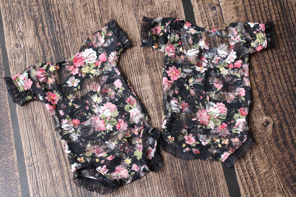 Black Floral Ruffle Sleeve Romper - Willow Mint Props