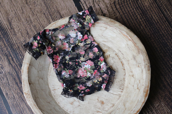 Black Floral Ruffle Sleeve Romper - Willow Mint Props
