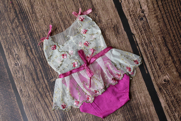 Lace V Back Romper with Removable Ruffle Skirt - Willow Mint Props