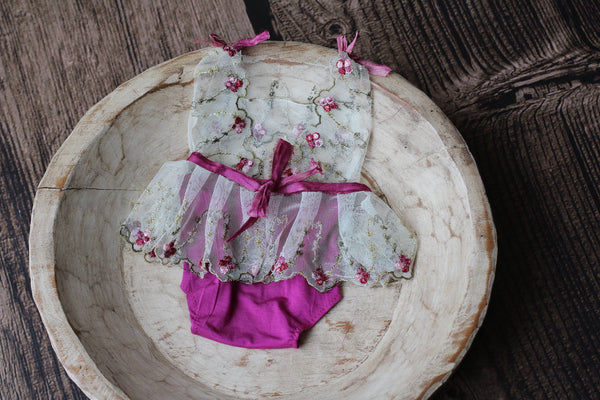 Lace V Back Romper with Removable Ruffle Skirt - Willow Mint Props