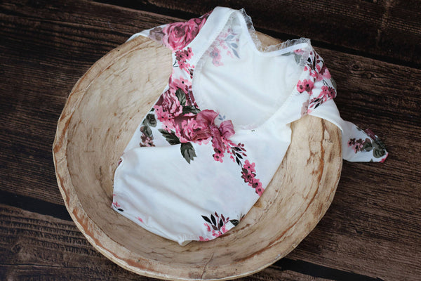 Long Sleeve Floral Romper / Scoop Back Onesie with Trim Accents - Willow Mint Props