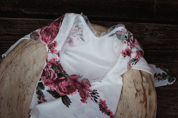 Long Sleeve Floral Romper / Scoop Back Onesie with Trim Accents - Willow Mint Props