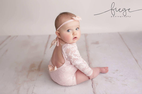 Long Sleeve Floral Romper / Scoop Back Onesie with Trim Accents - Willow Mint Props