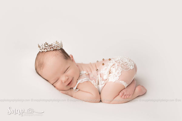 Sheer Lace Pearl Romper / V Back Onesie with Pearl Accents - Willow Mint Props