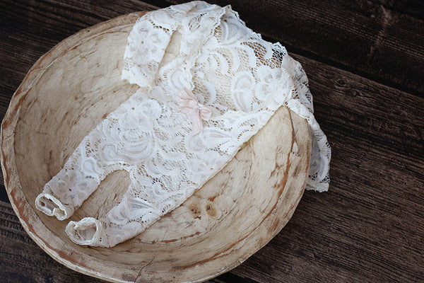 Sheer Lace Cream Long Sleeve Romper / Open Back Onesie with Long sleeve and Long Legs - Willow Mint Props