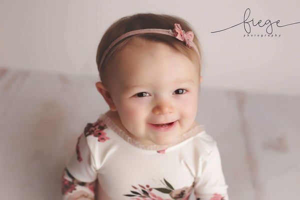 Long Sleeve Floral Romper / Scoop Back Onesie with Trim Accents - Willow Mint Props