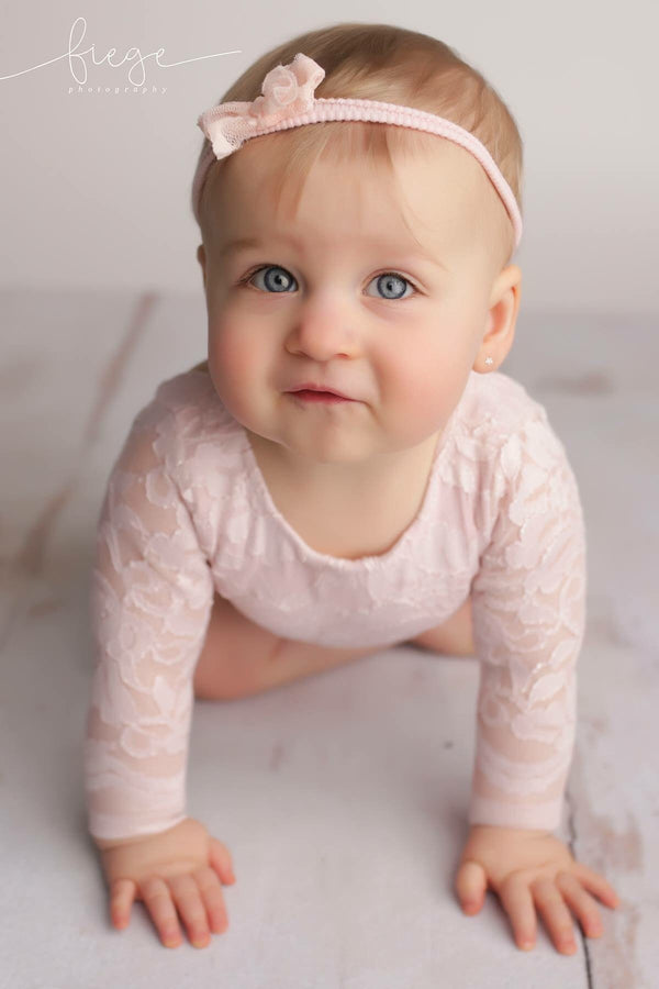 Long Sleeve Floral Romper / Scoop Back Onesie with Trim Accents - Willow Mint Props