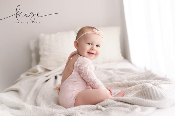 Long Sleeve Floral Romper / Scoop Back Onesie with Trim Accents - Willow Mint Props