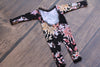 Floral Long Sleeve Romper / Open Back Onesie with Long sleeve and Long Legs / Black