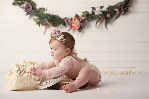 Long Sleeve Floral Romper / Scoop Back Onesie with Trim Accents - Willow Mint Props