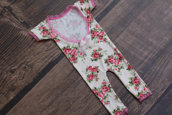 Floral Short Sleeve Romper / Open Back Onesie with Short sleeves and Long Legs / Beige - Willow Mint Props