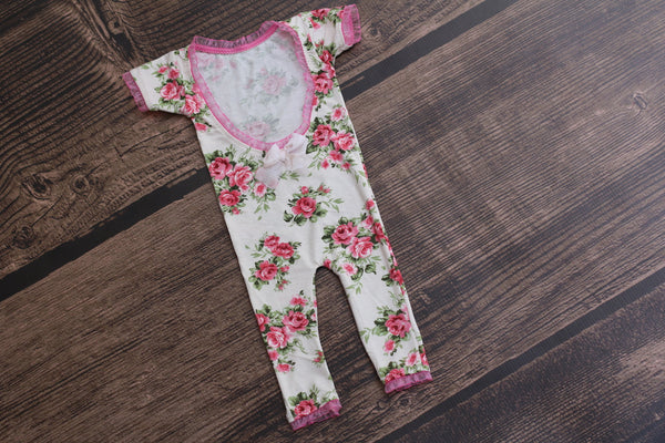 Floral Short Sleeve Romper / Open Back Onesie with Short sleeves and Long Legs / Beige - Willow Mint Props