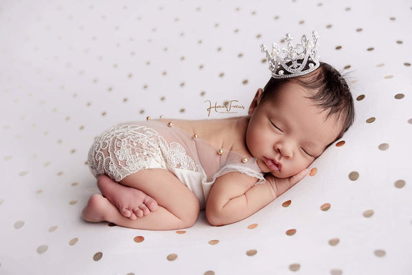 Sheer Lace Pearl Romper / V Back Onesie with Pearl Accents - Willow Mint Props