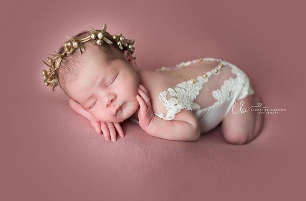 Sheer Lace Pearl Romper / V Back Onesie with Pearl Accents - Willow Mint Props