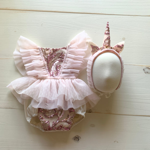 Pink and Gold Unicorn Sequin Bonnet and Dress