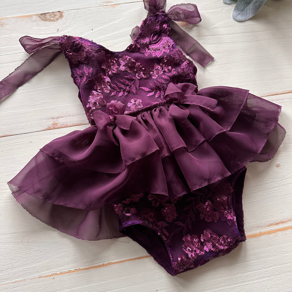 Fall Collection/ Plum Sequin Tie Romper/ 6-12 m