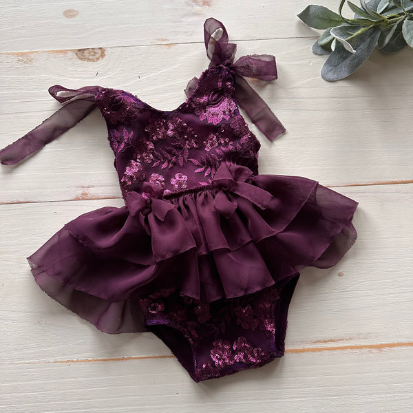Fall Collection/ Plum Sequin Tie Romper/ 6-12 m