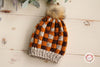 Hand Knit Checker Pom Pom Hat / Beanie - Men's Size