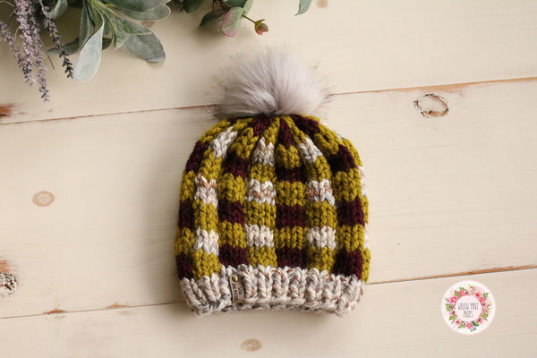 Hand Knit Checker Pom Pom Hat / Beanie - Women/ Teen Size