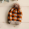 Hand Knit Checker Pom Pom Hat / Beanie - Toddler