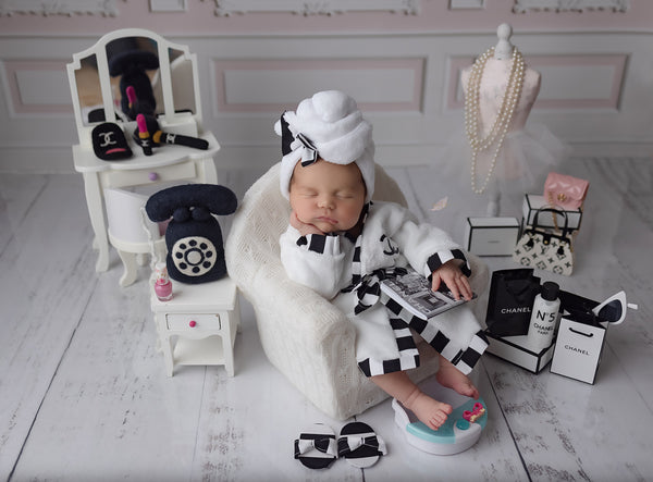 Stripe CC Robe with Matching Slippers, Headband and Head Towel