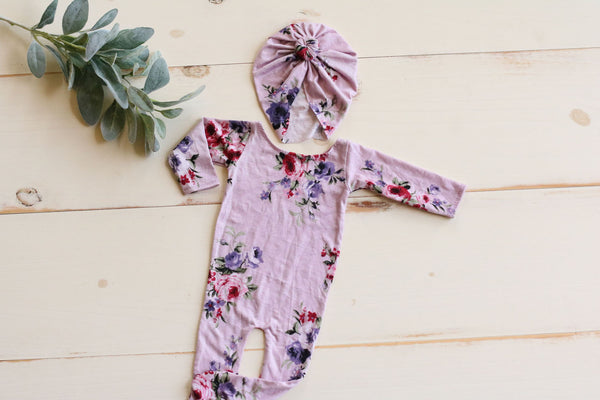 Newborn Lilac Floral Pajama with Matching Turban