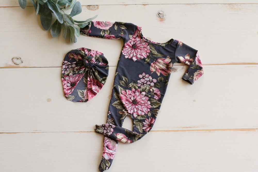 Newborn Grey and Pink Floral Pajama with Matching Turban