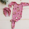 Newborn Medium Pink Floral Pajama with Matching Turban