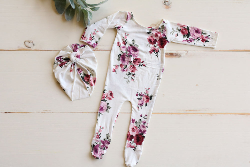 Newborn Off White and Maroon Floral Pajama with Matching Turban