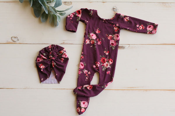 Newborn Maroon Dot Floral Pajama with Matching Turban