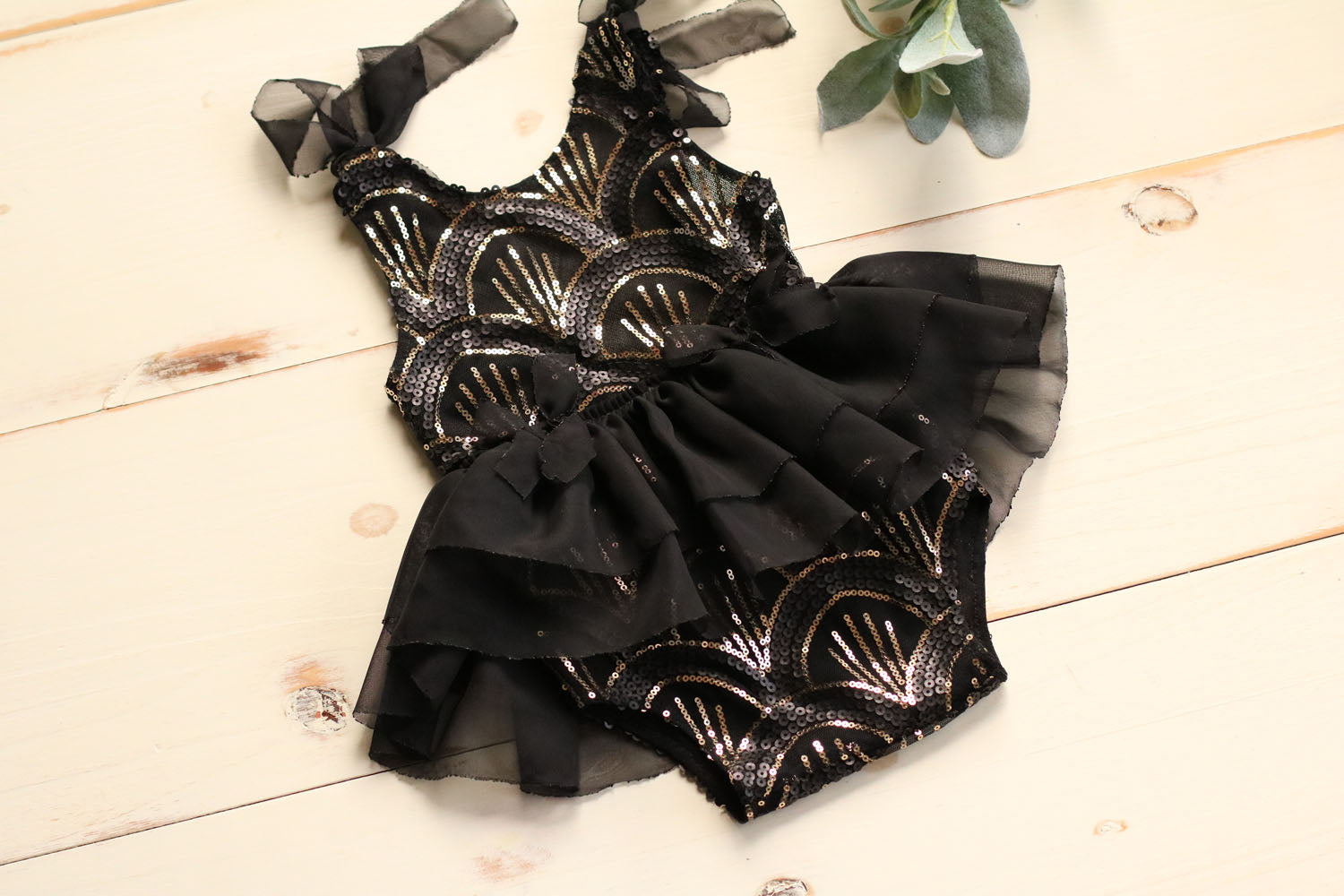 Black and Gold Sequin Shoulder Tie Dress | Willow Mint Props Black and Gold Sequin Shoulder Tie Dress | Willow Mint Props